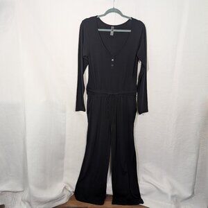 TTFN Black Henley Jumpsuit Wide Leg Cotton Modal Blend Size Medium Pockets Cozy